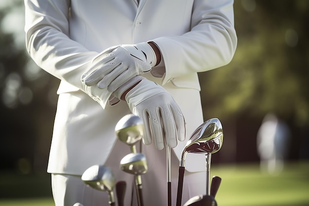 een man in een wit overhemd met golfclubs bij zonsondergang op de achtergrondvervaging en bokeh