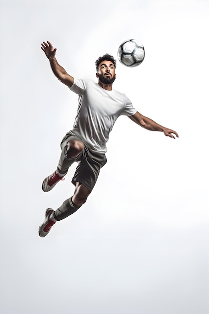 Een man in een wit overhemd springt in de lucht met een voetbal.