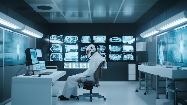 Een man in een wit pak zit aan een bureau voor een muur met veel schermen waarop de woorden 'auto-onderdelen' staan