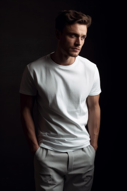 Een man in een wit t-shirt staat in een donkere kamer met zijn handen in zijn zakken.