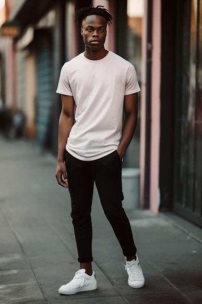 Een man in een wit t-shirt staat op straat.