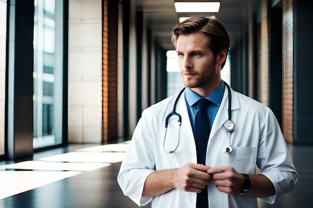 Een man in een witte doktersjas staat in een gang met een groot raam waar 'dokter' op staat