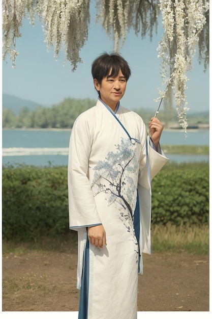 Een man in een witte kimono staat onder een boom met op de achtergrond een blauweregenboom.