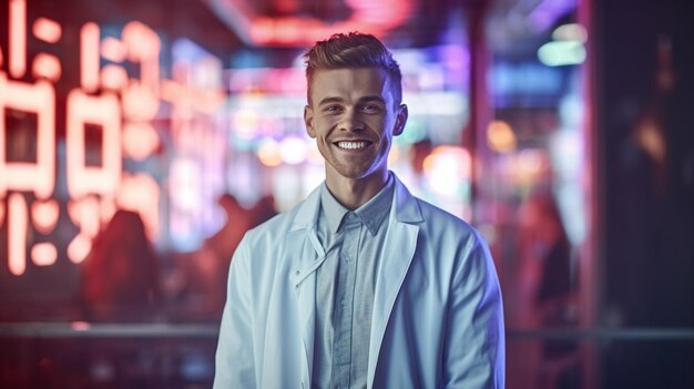 Een man in een witte laboratoriumjas lacht naar de camera.