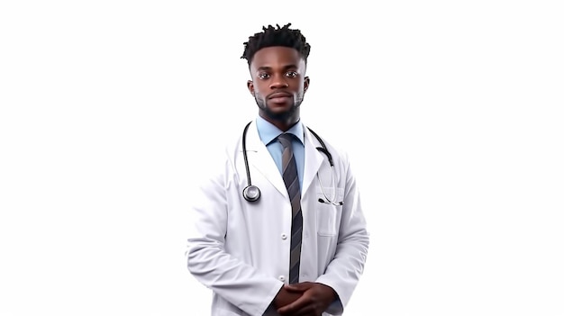 Een man in een witte laboratoriumjas met een stethoscoop om zijn nek staat in een witte kamer