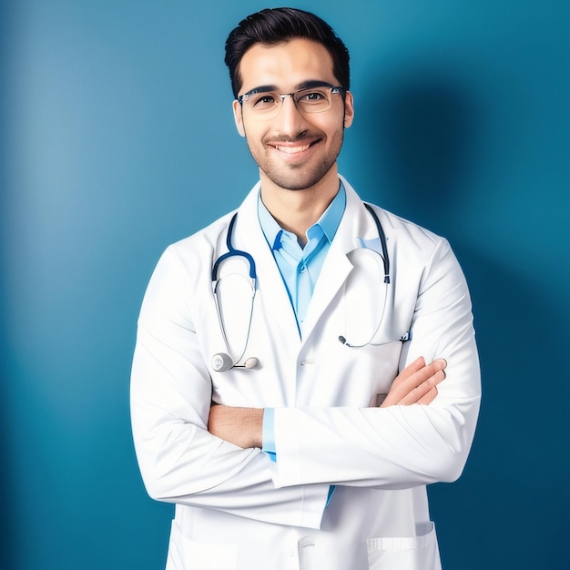 Een man in een witte laboratoriumjas met een stethoscoop om zijn nek staat met zijn armen over elkaar.