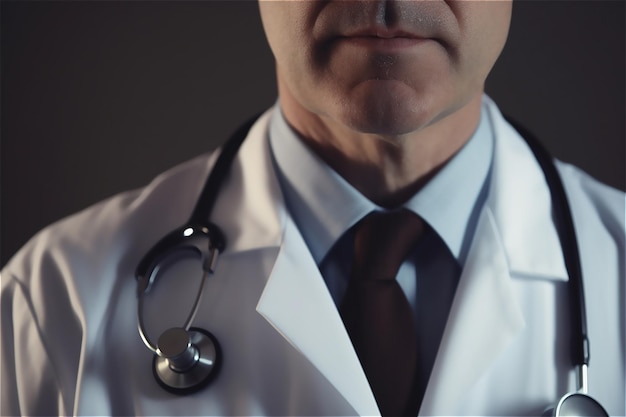 Een man in een witte laboratoriumjas met een stethoscoop om zijn nek staat op een donkere achtergrond