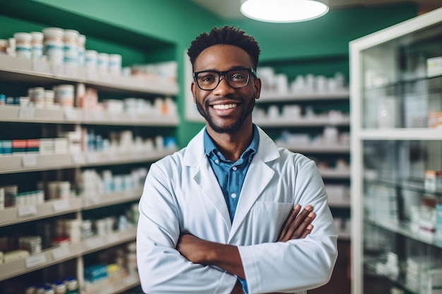 Een man in een witte laboratoriumjas staat voor een apotheekrek met medicijnen.