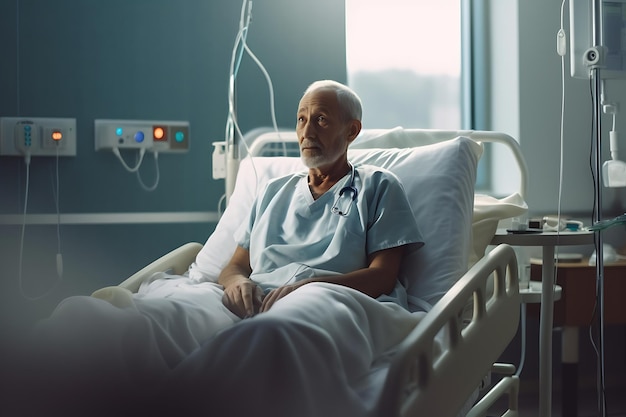 Een man in een ziekenhuisbed met een blauwe deken op zijn borst zit in een ziekenhuisbed
