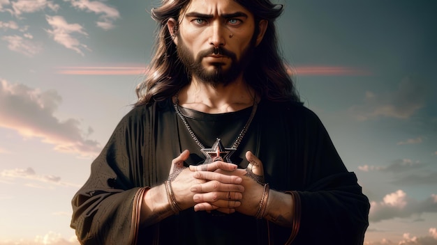 Een man in een zwart gewaad houdt een hart vast met het woord jezus erop.