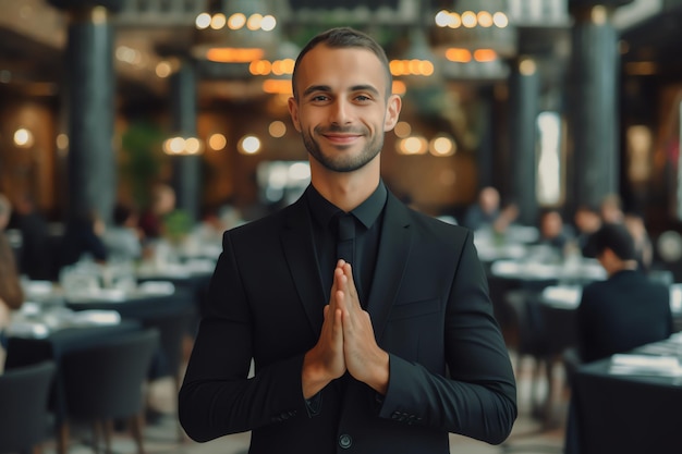 Een man in een zwart pak staat met zijn handen in elkaar voor een restaurant.