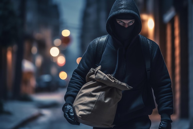 Een man in een zwarte hoodie loopt door een donker steegje met een zak eten in zijn hand