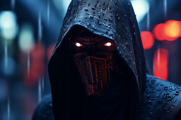 een man in een zwarte hoodie met rode ogen