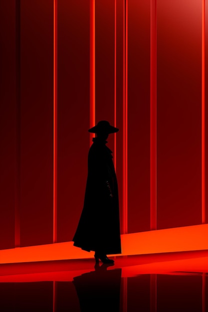 een man in een zwarte jas en hoed die voor rode lichten staat