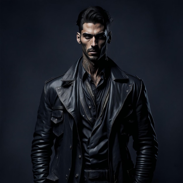 Een man in een zwarte jas en zwarte broek staat in een donkere kamer met een donkere achtergrond.