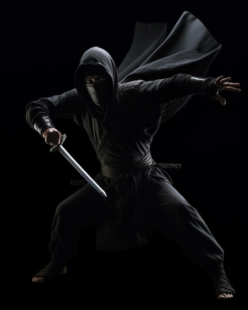 Een man in een zwarte outfit met een zwaard in zijn hand.