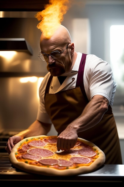 Een man in het uniform van een kok die eten kookt.