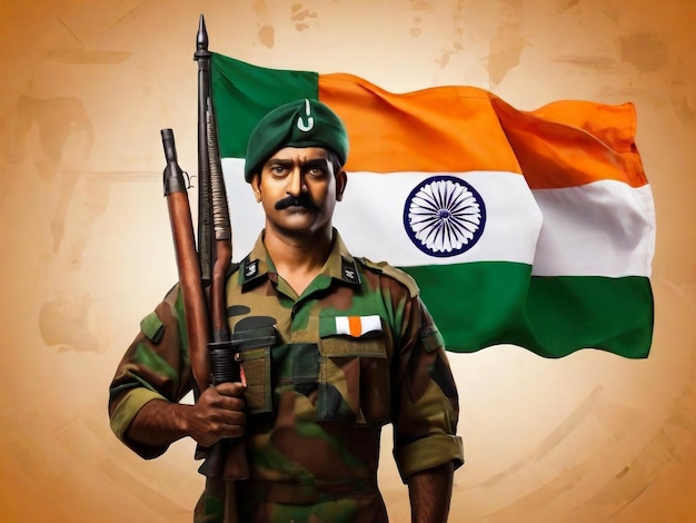 Foto een man in militair uniform staat voor een vlag met de tekst leger.