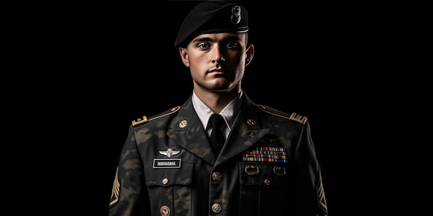 Een man in militair uniform staat voor een zwarte achtergrond