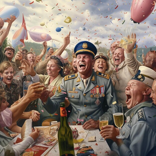 Een man in militair uniform viert met een fles champagne en confetti.