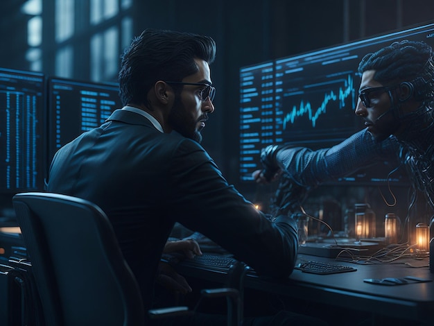Foto een man in pak en bril zit aan een tafel met een man in pak en een blauwe achtergrond met een grafiek achter hem.