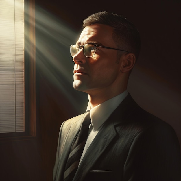 een man in pak en stropdas staat voor een raam met een man die een bril draagt.