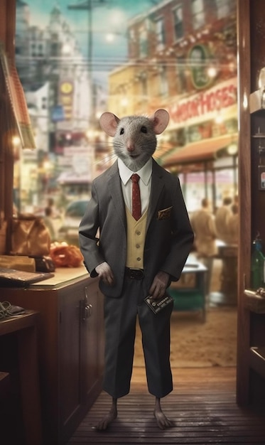 Een man in pak en stropdas staat voor een winkel die zegt 'rat' erop.