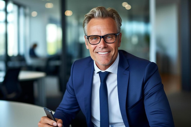 Foto een man in pak en stropdas, zittend aan een tafel