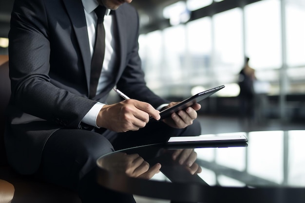 Een man in pak schrijft op een tablet.