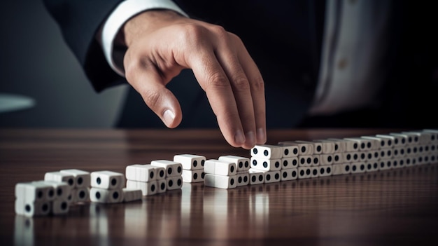 Een man in pak speelt domino.