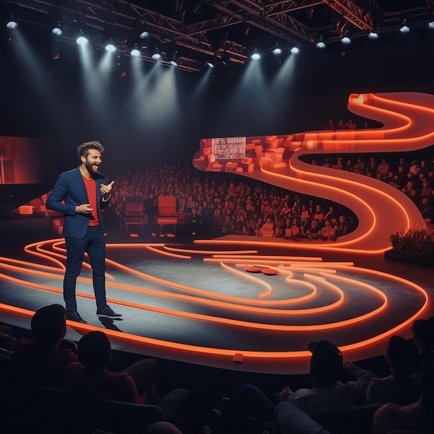 een man in pak staat op het podium met een microfoon.