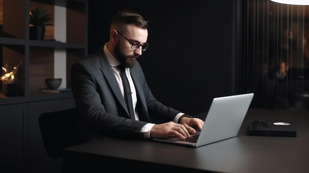 Een man in pak typt op een laptop.