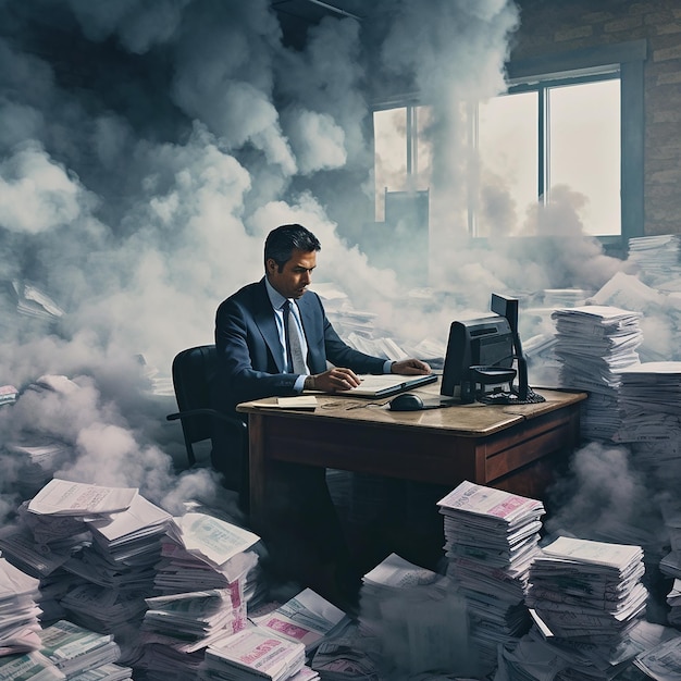 Een man in pak zit aan een bureau omringd door stapels papieren en rook.