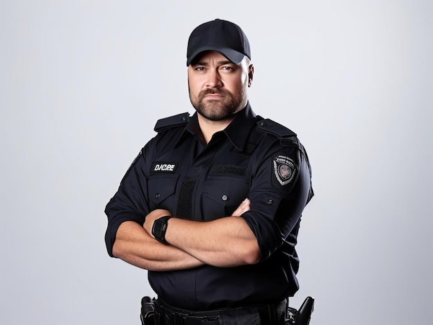 Een man in politie-uniform staat tegen een grijze achtergrond