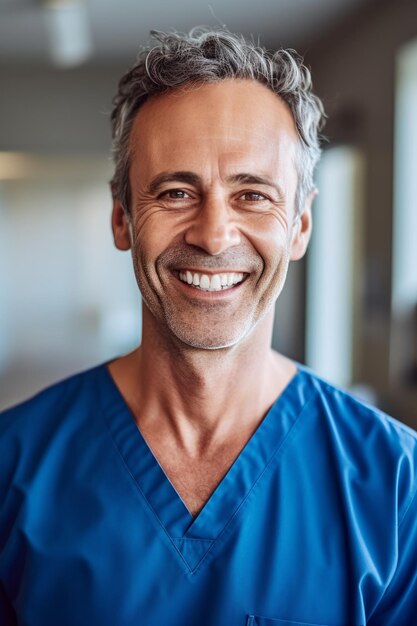 Een man in scrubs glimlacht naar de camera in een donkere kamer