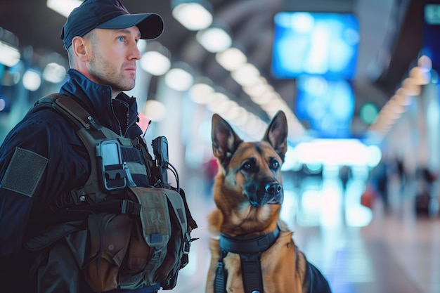 Foto een man in uniform met een hond op zijn rug staat naast hem