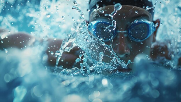 Foto een man in zwembroek zwemt in helder water met een beschermbril voor een beter zicht onder water