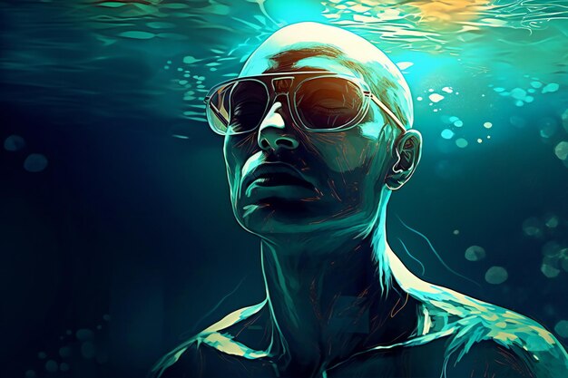Een man in zwempak en zonnebril