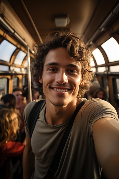 Een man-influencer die selfie maakt in de bus