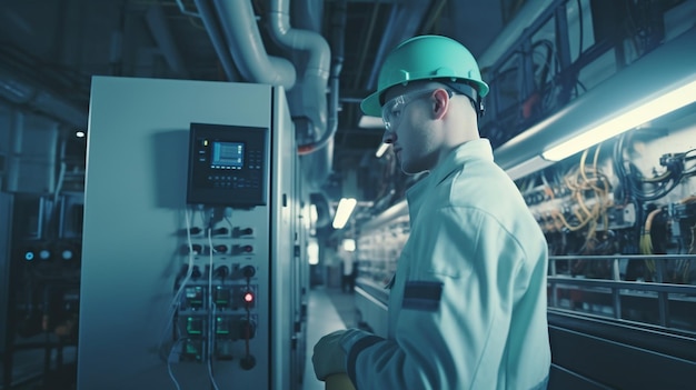 Een man inspecteert een industriële fabriek Chemische productie Generatieve AI