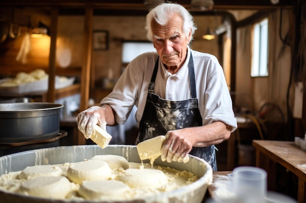 Foto een man is een kaasmaker in het proces van het produceren van verschillende soorten kaas in de industrie concept van natuurlijke melk kaas maken als een bedrijf