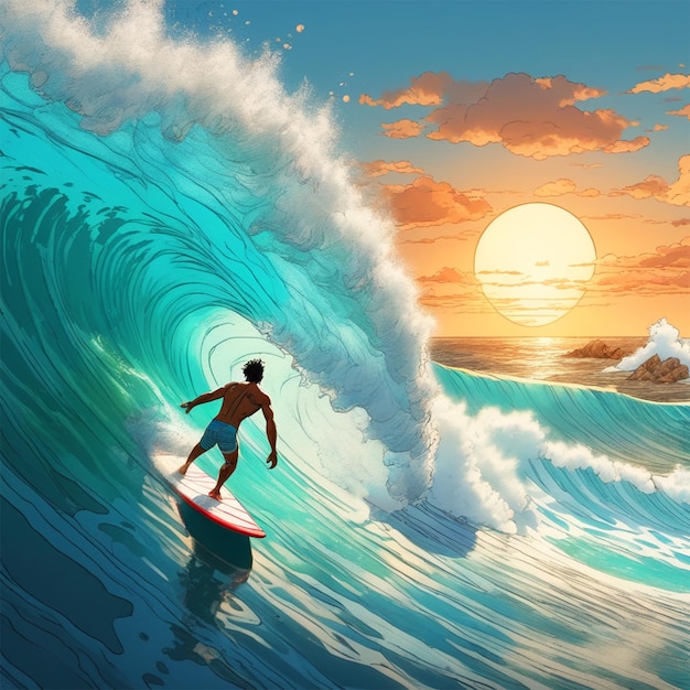 Een man jongen surft een golf in de zee gouden hemel avond