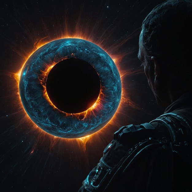 een man kijkt naar de zon met een ster in het midden