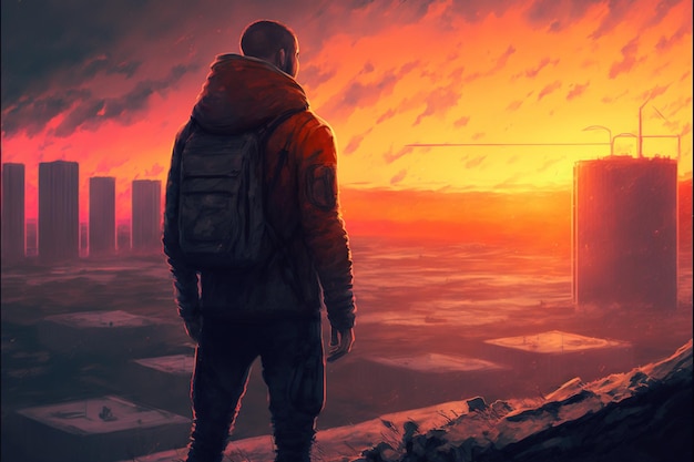 Een man kijkt naar de zonsondergang Man kijkt naar de zonsondergang op een dak van het gebouw in de postapocalyptische wereld Digitale kunststijl illustratie schilderij