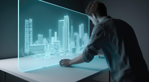Een man kijkt naar een blauw hologramscherm met de plattegrond van de stad met de lichtblauwgroene en lichtzwarte generatieve AI AIG21