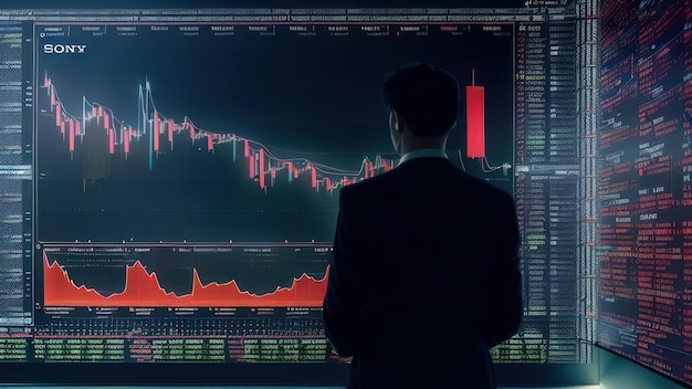 Een man kijkt naar een scherm waarop 'aandelenmarkt' staat
