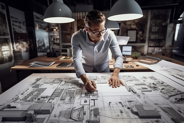 een man kijkt naar een tekening van een gebouw met een plan erop