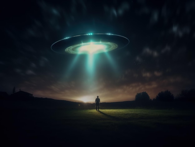 Foto een man kijkt naar een ufo of buitenaardse zwevende boven een rijstveld in de wolken zwevende boven de hemel vliegende objecten zoals ruimteschepen en buitenaardsen invasie buitenaards leven ruimtevaart ruimtescheppen