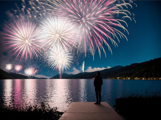 Foto een man kijkt naar het vuurwerk van de 4e juli onafhankelijkheidsdag over een rivier's nachts