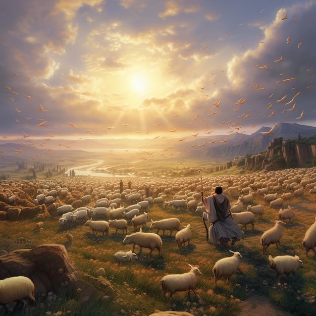 een man kijkt naar schapen in een veld met de zon achter hem.